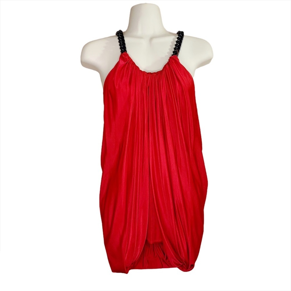Yigal Azrouel Red Draped Sleevelesss Top Chunky Chain Detail Holiday - Picture 2 of 11